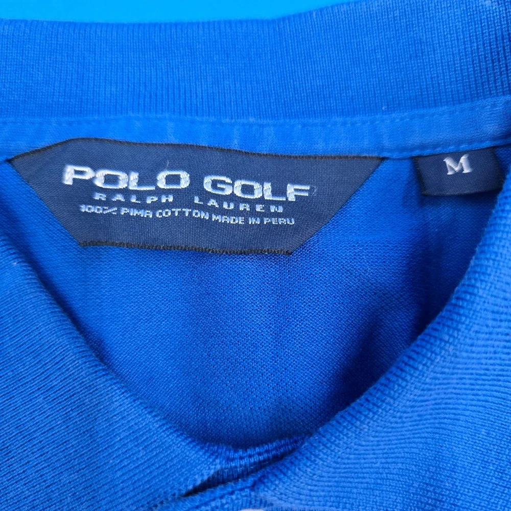 Polo Golf Ralph Lauren Mens M Blue Pima Cotton Tipped Polo Shirt Red‎ Pony
